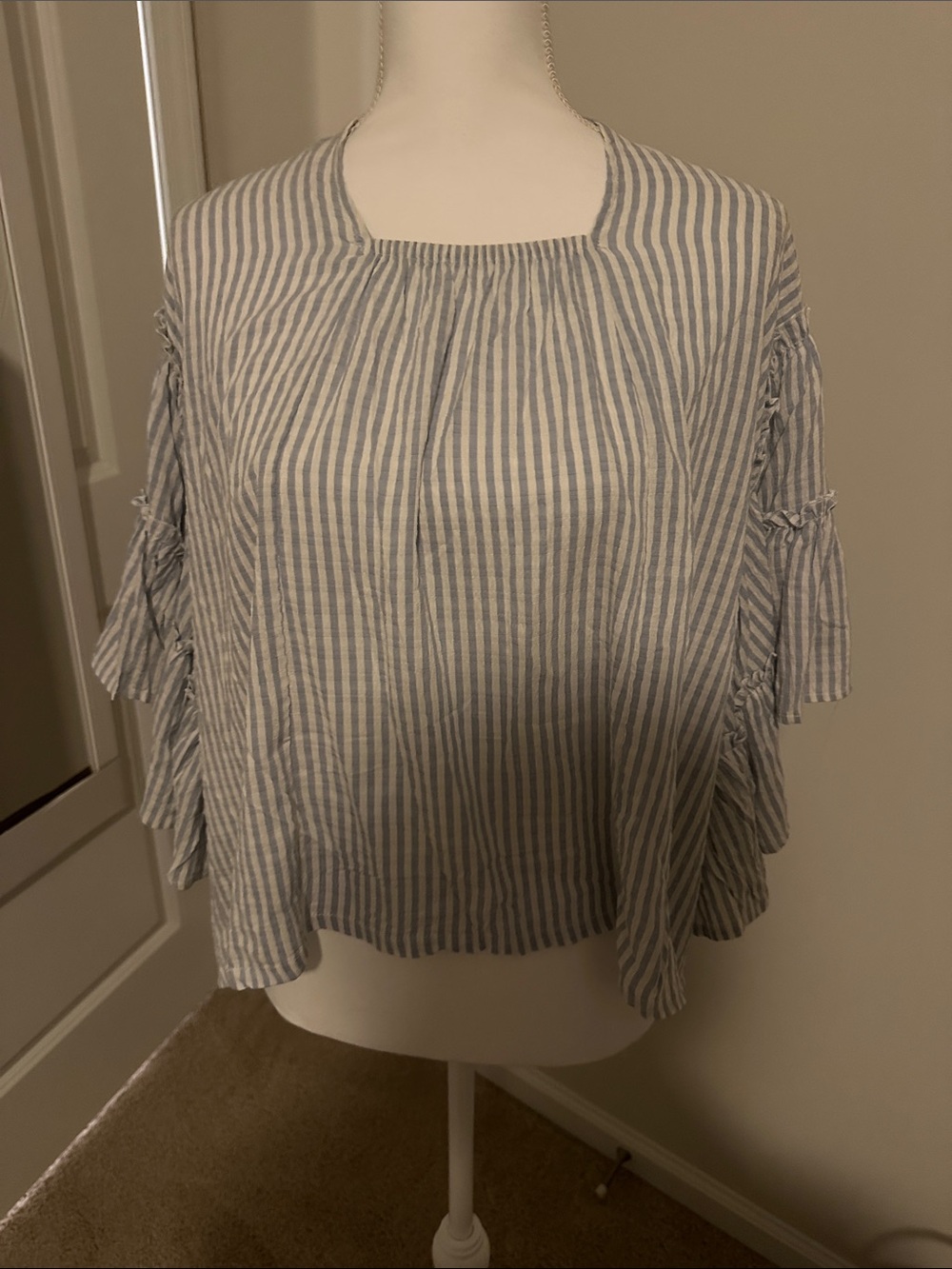 Premise Blue and White Striped Ruffle Sleeve Blouse